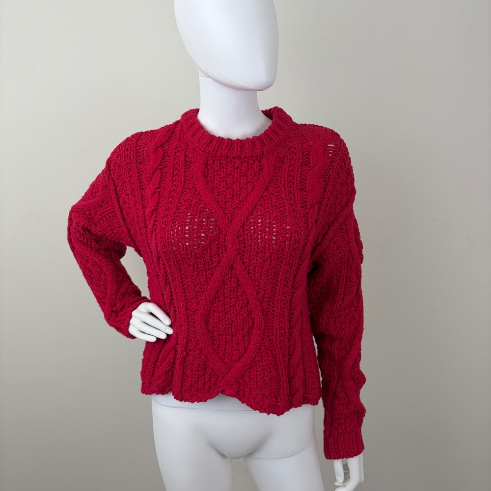 Free People Women‎ Red Chunky Cable Knit Cotton Pullover Cropped Sweater Size S